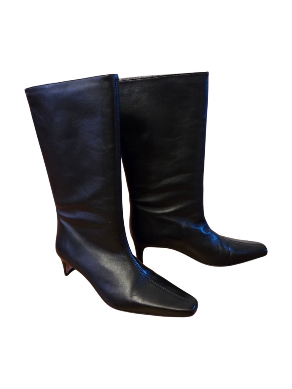 STAUD Black Mid-Calf Leather Boots with Kitten Heel
